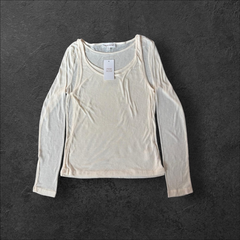 Pink Rose Ribbed Long Sleeve Scoop Neck Top Ivory L NWT